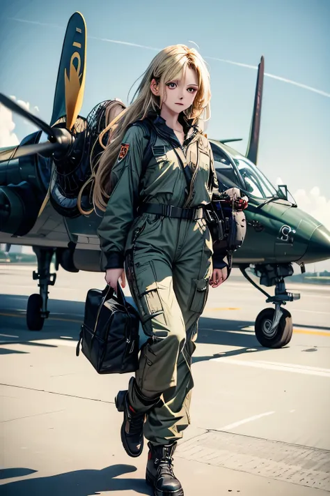 (masterpiece), best quality, expressive eyes, perfect face((best quality)), ((masterpiece)), (detailed), perfect face, airforce jumpsuit, standing, full body, front view, European, blonde, dark green uniform, jetfighter plane background,amazing sapraizz, d...