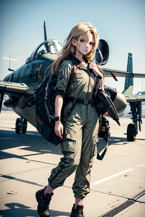 (masterpiece), best quality, expressive eyes, perfect face((best quality)), ((masterpiece)), (detailed), perfect face, airforce jumpsuit, standing, full body, front view, European, blonde, dark green uniform, jetfighter plane background,amazing sapraizz, d...