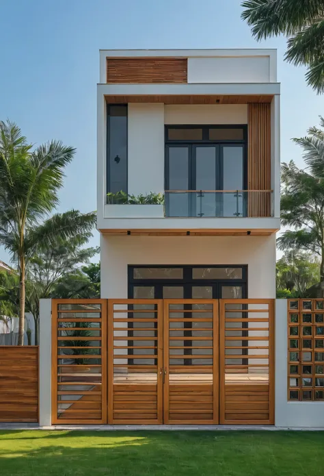 Raw photo, masterpiece, high quality, best quality, realistic, super detailed, outdoor, front view of a modern minimalist house in the heart of the city with white walls and wooden accents, wooden details, stone details, wooden lamri, wooden ceiling, black...