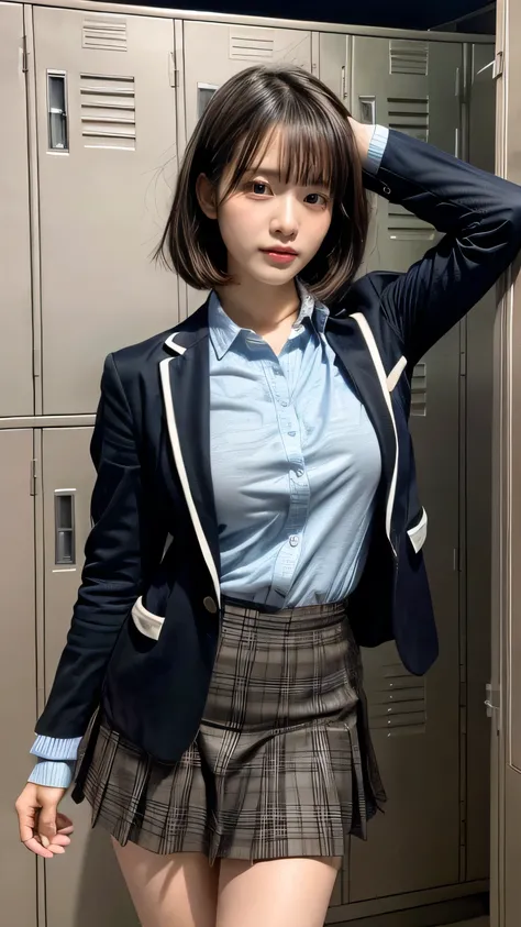 masterpiece, best quality, illustration, Super detailed, fine details, High resolution, 8K,wall paper, perfect dynamic composition,(Details High quality, realistic depiction of eyes:1.3), Upper body, front view, locker room、Leaning against a locker, Raise ...