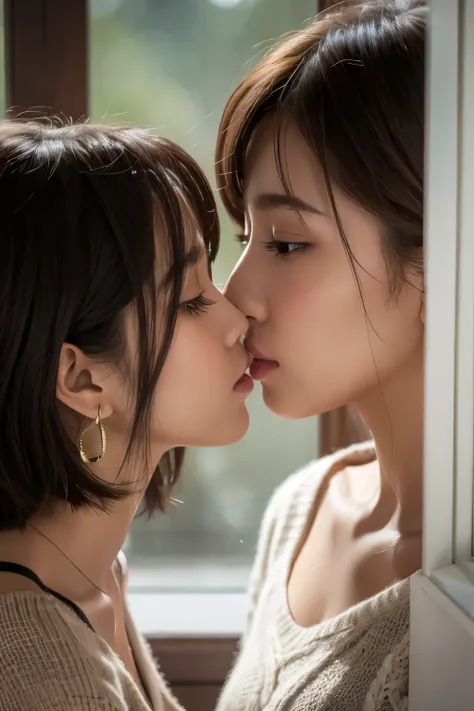 ((Two girls are facing each other and kissing through a transparent glass)),((Shooting from the side)),((V-neck knit sweater)),((Best Quality)), Realistic, Very detailed, In detail, ((High resolution)), 8k,Beautiful, well-shaped eyes,(Korean women),((sexy)...