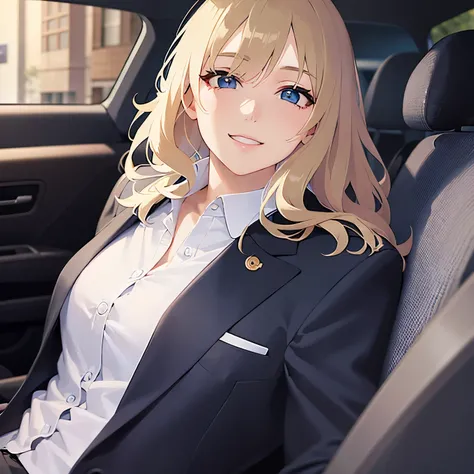 (alone:1.5)、(looking at viewer:1.5),Side shot、upper body,
(pale skin: 1.2),  shiny skin, shiny hair、
(A 2 woman with medium-length hair and bangs) and (wavy hair) and (Blonde Hair) and (green eyes) , 
(business suit:1.5)and (Wearing a white collared shirt)...