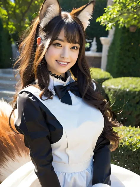 ((Best Quality, 8k)), ((masterpiece)), (Highest Resolution), Perfect Face, Woman with fox ears, Woman with a tail, Beautiful woman, She is a maid, This was taken outside the castle, Only one tail, She has thick thighs, Her big fox tail, I can see her fox t...