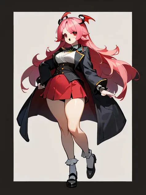 ((Masterpiece, 8k, High quality)), (human), (Adult female), (Red eyes), (((Long pink hair reaching the neck))), (gangster), ((thug)), Height 166 cm., Weight 50 kg.., Body size 33F-23-35, (((Medium bust, Big hips wide open))), ((Wear long white socks)), (((...