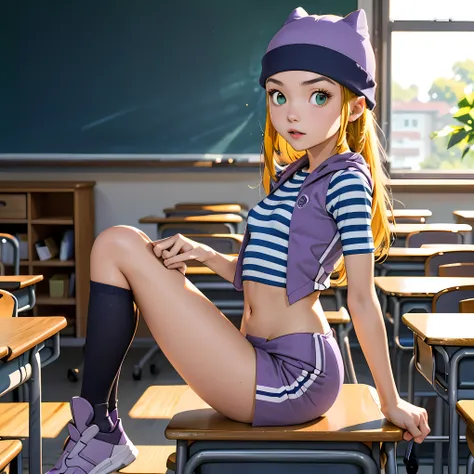 (masterpiece, best quality), 1girl, izumi orimoto, indoors, classroom, green eyes, blonde hair, long hair, purple beanie, purple...