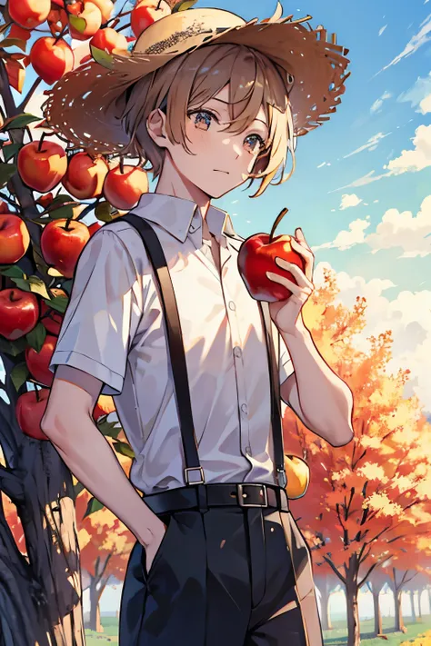 male　Checked shirt　Apple harvesting　Straw hat　field　Autumn Clear Skies　Short Hair　Apple Tree 　Tall Tree