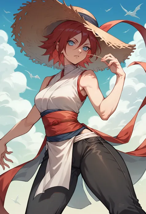 Woman, red hair, blue eyes, round oriental style straw hat, red long-sleeved blouse, black pants with a dragon design, white cloth wrapped diagonally around the cup, curved body Ninja, sexy ninja, Naruto style 