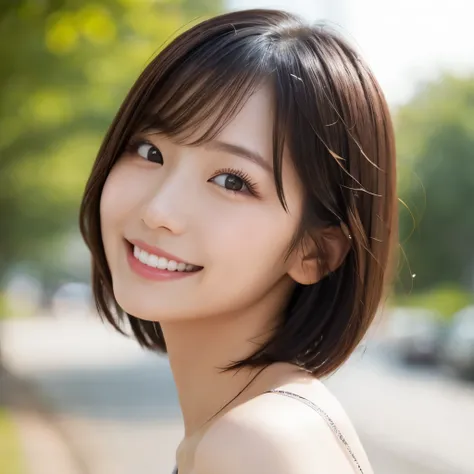 Just a cute Japanese woman、Lips are glossy and sparkling、Cute Smile、naked、Short hair blowing in the wind