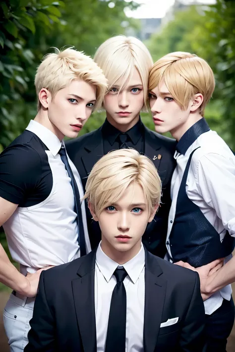 trio, 3boys, male focus, bishounen,skinny,emo boy,blue eyes,park,blonde hair,yaoi,pinup,