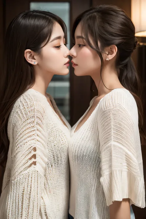 ((two girls are facing each other and kissing through a transparent glass)),((shooting from the side)),((v-neck knit sweater)),(...