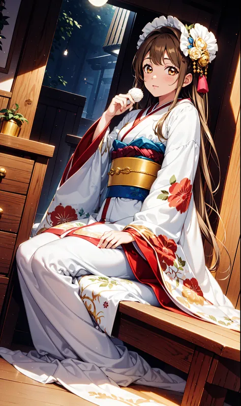 Brown hair，Golden Eyes，Charm ，Long hair，Hair Coloring，Sitting，Loose hair，，night，bedroom，（Japanese clothes：1.2）， Medium Curve，Top quality，Super Detail，fan，Moon Princess