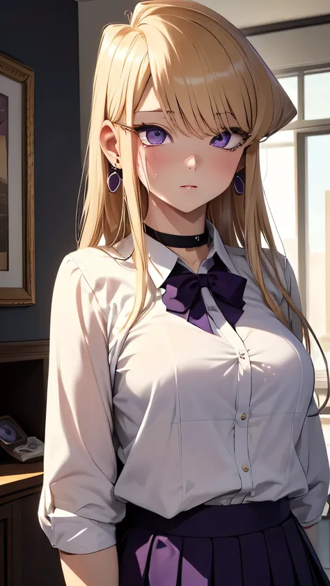 komi shouko, gal, ((Blonde hair)), Choker, ear piercings, earrings, Long hair, Piercing, (Purple Eyes:1.5), Straight hair, swept bangs, Break the black tie, Long sleeves, Pleated skirt, School uniform, Shirt, Skirt, sleeves rolled up, White shirt, Break in...