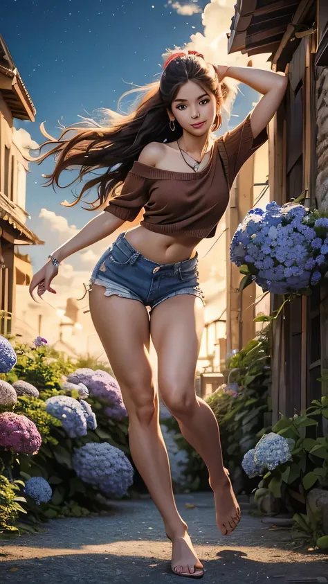 (((Upper body portrait)))､Upper body portrait､4K、June scenery、Beautiful woman、Long Hair、Brown curly hair、((poneyTail))、Medium chest、blue eyes、smile、Blue off-shoulder、Ripped denim shorts、Neon Red Heart Necklace、View your viewers、night、Colorful hydrangeas、((...