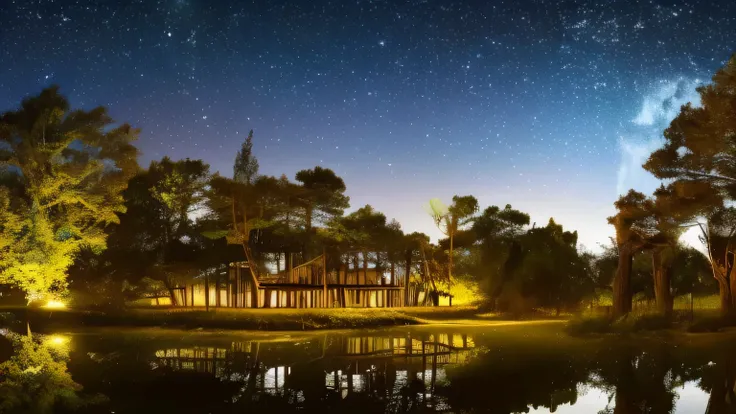 A spectacular night, A magical moonlit forest, Glowing Firefly, Mysterious atmosphere, Bright stars shining in the night sky々, A tranquil lagoon reflecting the night sky, Abandoned ancient temple, Twisted and gnarled tree々, Dramatic lighting, Dramatic Shad...