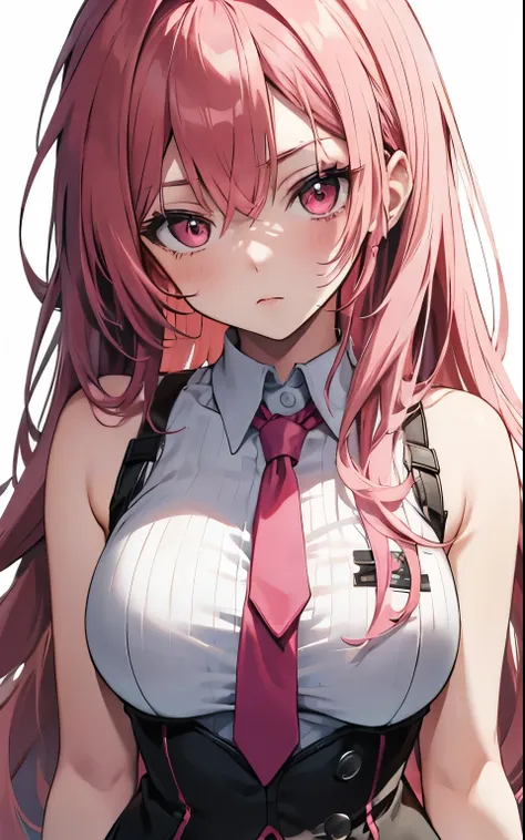 anime girl, katarina battle, pink hair, wearing sexy sleeveless school shirt with neck tie. sleeveless, white background, beauti...