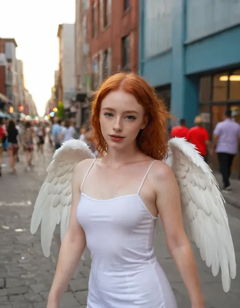 /imagine prompt: Redhead angel girl influencer captured in photography through a 35mm lens, evoking the raw authenticity of street photography. The scene portrays the angelic figure standing against a gritty urban backdrop, her vibrant red hair contrasting...