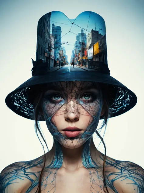 mysterious silhouette of woman with hat, by Minjae Lee, Carne Griffiths, Emily Kell, steve mccurry, Geoffroy Thoorens, Aaron Horkey, jordan grimmer, Greg Rutkowski, incredible depth, double exposure, Surreal, geometric patterns, intricately detailed, Bokeh...