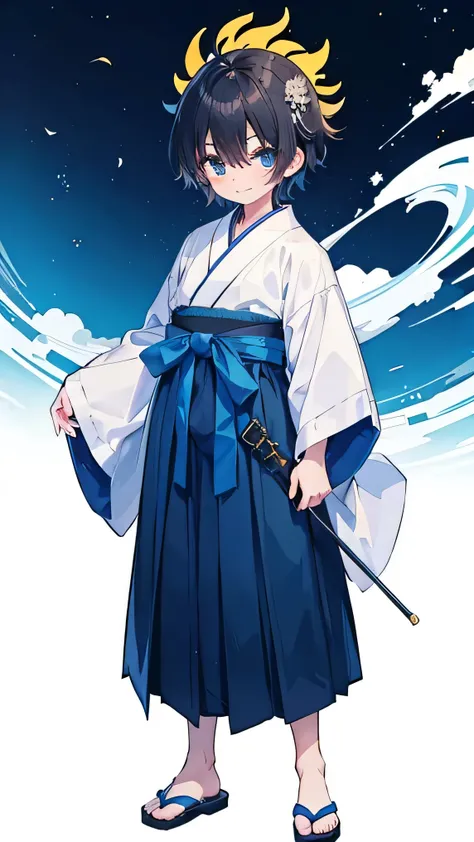 1 boy, standing, black hair, messy short hair, Japanese shaman wear, long Hakama wear, white and blue wear, smile, naughty boy