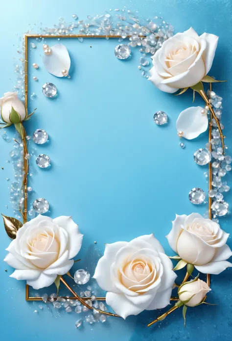 High resolution, glitter, White rose, light blue background, rose petals flying, pearl, diamond, Floral frame, frame background,