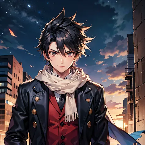 Anime art style,Best Quality,High resolution,Anatomically correct,Mid twenties,Super detailed,One tall man,good looking,Spiky hair,Spiked Hair,Black Hair,Long coat,Long scarf,Rough innerwear,A rich expression,smile,A strong wind is blowing,ruins,night,Focu...