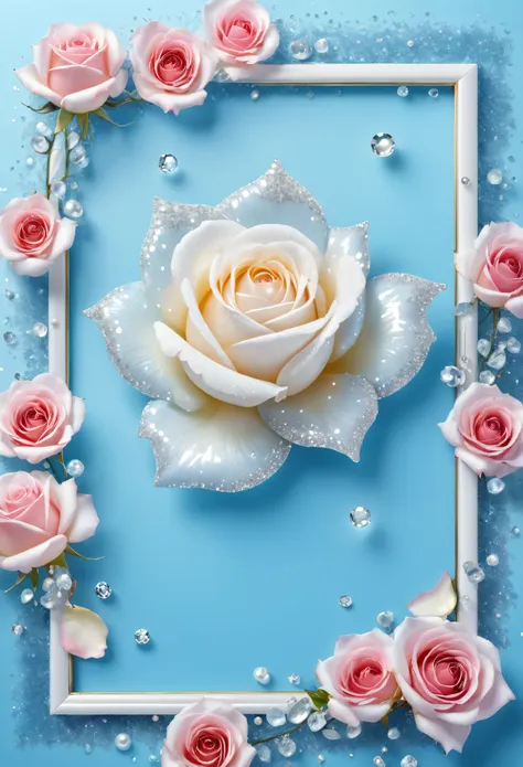 high resolution, glitter, white rose, light blue background, rose petals flying, pearl, diamond, floral frame, frame background,