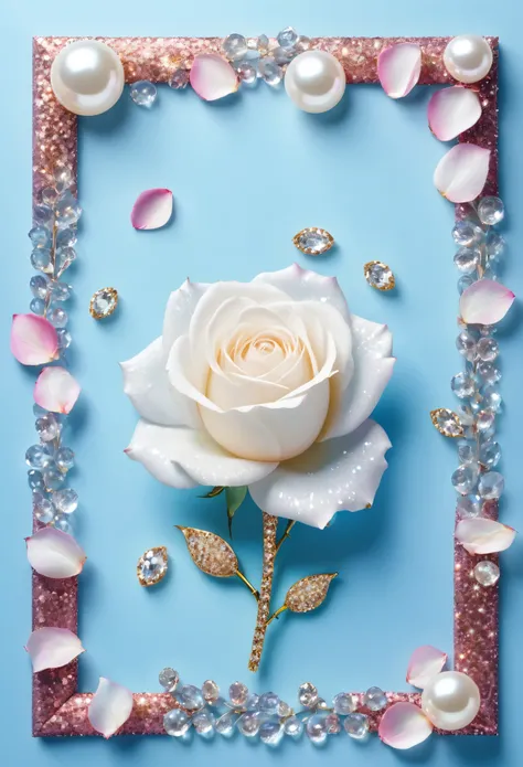 High resolution, glitter, White rose, light blue background, rose petals flying, pearl, diamond, Floral frame, frame background,