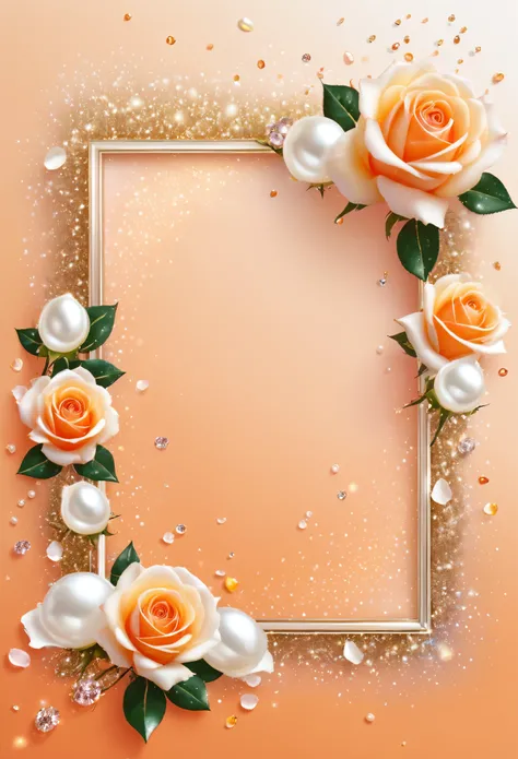 High resolution, glitter, White rose, light orange background, rose petals flying, pearl, diamond, Floral frame, frame background,