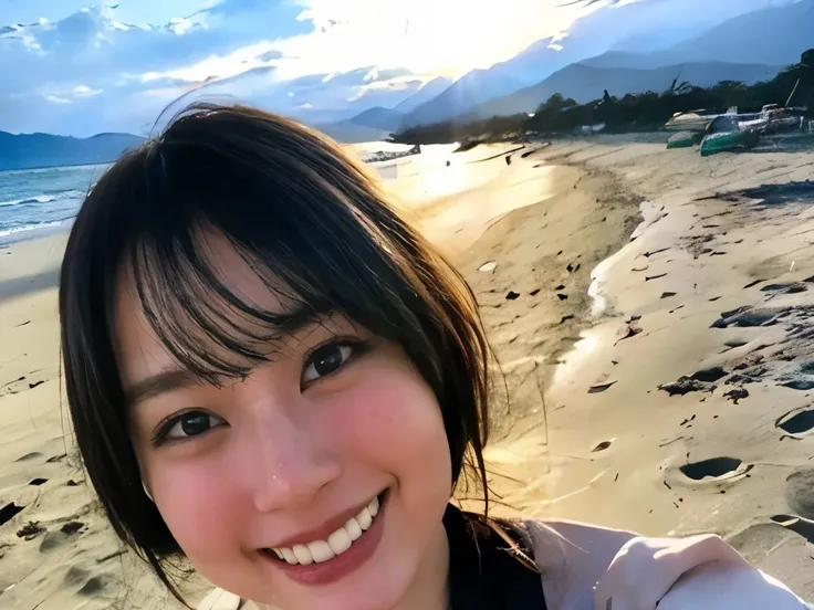 A woman is in the water on a surfboard, Accidentally taking a selfie, Beautiful woman taking a selfie of the beautiful beach, To the camera view,real photo 8k,Have idol-like charm,Create vibrant and dynamic poses for female voice actor images,She is full o...