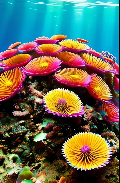 there are many different colored flowers that are growing on the coral, a microscopic photo by Anna Haifisch, pexels, psychedelic art, colorful coral, vibrant corals, beautiful colorful corals, harmony of neon glowing coral, coral underwater colorful, radi...