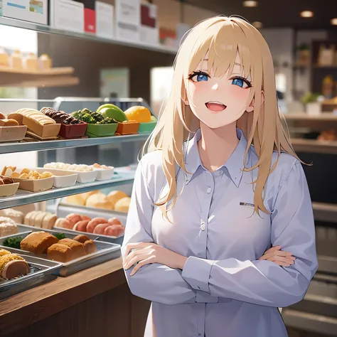 (looking at viewer:1.5),upper body,head tilt,
(pale skin: 1.2),  shiny skin, shiny hair、
(A 2 woman with medium-length hair and bangs) and (wavy hair) and (Blonde Hair) and (green eyes) , 
(white collared shirt) ,
smile,open mouth,The background is a bento...