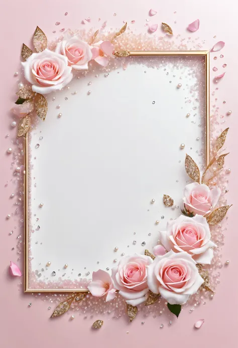 High resolution, glitter, White rose, light pink background, rose petals flying, pearl, diamond, Floral frame, frame background,