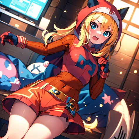 (insanely detailed, beautiful detailed face, masterpiece, best quality), ((masterpiece)),((best quality)),(highres), bokeh, looking at viewer, solo, 1girl, cowboy shot, pkmntmg, fake horns, hoodie, red shorts, gloves, red boots, small breasts, blonde hair,...