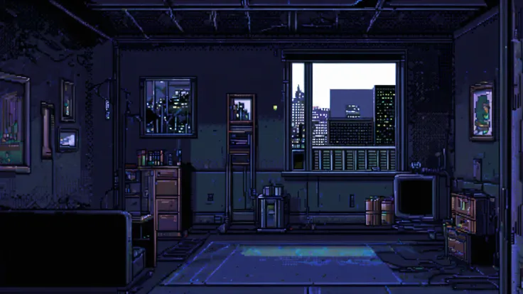 a room inside, few things, dark, the city in the window, pixel art