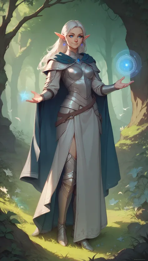 full-length, majestic, elf, woman, short platinum hair, pointed ears, blue eyes, snide smile, dangling earrings in her ears, in silver armor, nature, light, day, magic, witchcraft, conjures, hd