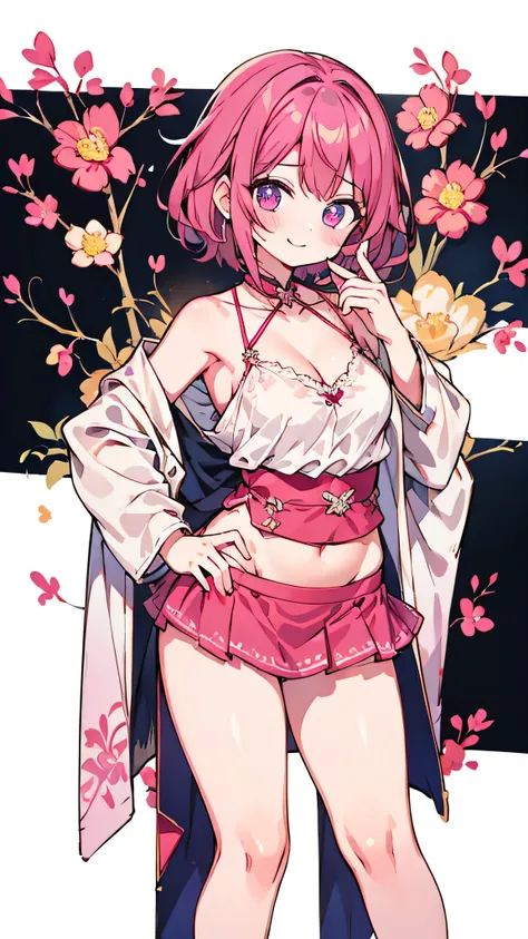 High resolution, masterpiece, Anatomically correct, Best Quality, One girl, smile、Blushing、Short Hair、Large, wide eyes、Smaller breasts、Small breasts、Pink Hair,Choker、Heart symbol、Shooting from behind、back、Chinese dress、Shoulders stick out、I can see your be...