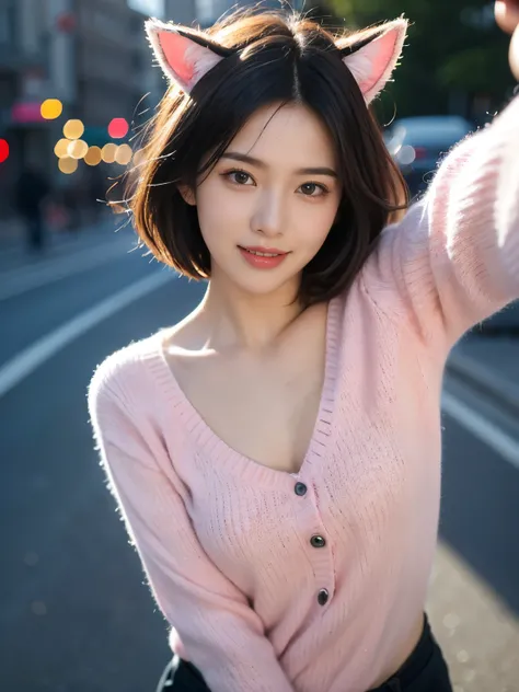 selfie, smiling happily, wink, running to viewer, upper body, smiling wide, diamond face shape, looking at viewer, (wear pink sweater), ultra high resolution, (realistic: 1.4), (road), black hair, full body, (so large breasts), running, bob cut, Iridescent...