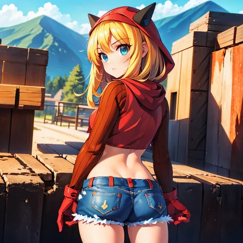 (insanely detailed, beautiful detailed face, masterpiece, best quality), ((masterpiece)),((best quality)),(highres), bokeh, looking at viewer, solo, 1girl, cowboy shot, pkmntmg, fake horns, hoodie, red shorts, gloves, red boots, small breasts, blonde hair,...