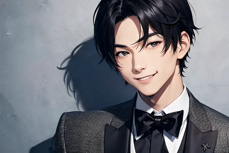 Japanese　　Handsome　Short cut　Black Hair　male　Fierce　Breaking smile　Black Tuxedo　formal　Upper Body　Background Universe
