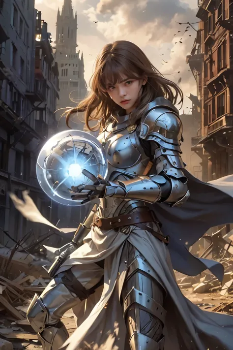 Upper body close-up image.A beautiful woman. Twenty years old. light brown hair. Her bangs are down. She is looking at the camera with an angry expression.She wears beautiful silver-white armor. She is in a Force Academic fighting pose. She has a mysteriou...