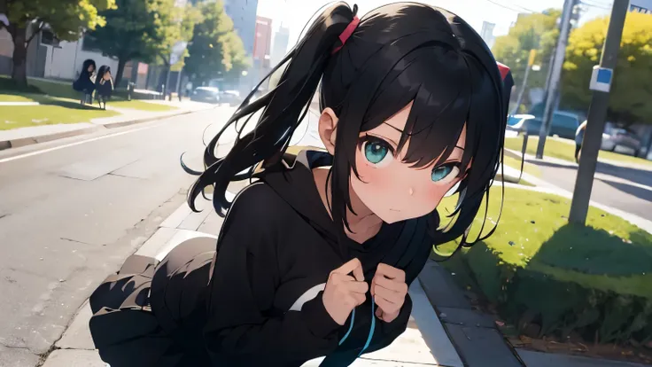 An 1 girl (full body)(full body), with his face flushed with shame, black hair with pigtails, green eyes, Very thin, big breasts, She is wearing a black sweatshirt and a blue skirt.  He is peeking in a park.