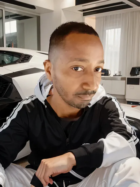 Young man wearing a white Nike tracksuit with black design, is inside a Lamborghini