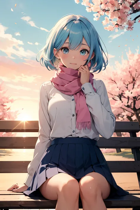 A beautiful young college girl reading a book to herself on a park bench. She has light blue hair and azure eyes. She is wearing a white blouse with a light pink scarf; her skirt is navy blue. the sun is setting and the sky has orange and pink hues. The wi...