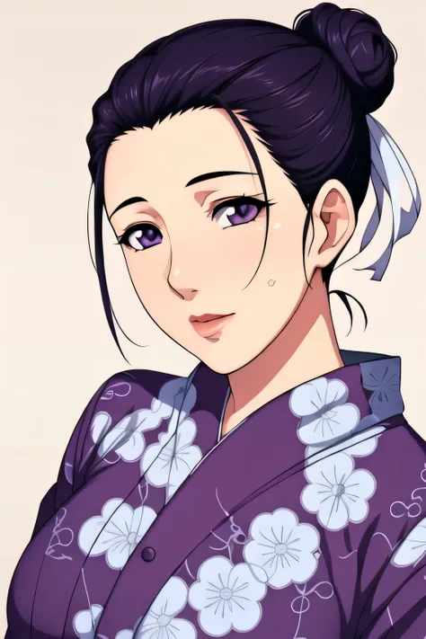 Simple Background,White Background,
purple kimono,floral print,japanese clothes,wide sleeves,long sleeves,
cleavage,
purple eyes, black hair,bangs,hair bun,
1 girl,Young female,Beautiful long legs,Beautiful body,
Beautiful Nose,Beautiful character design,...