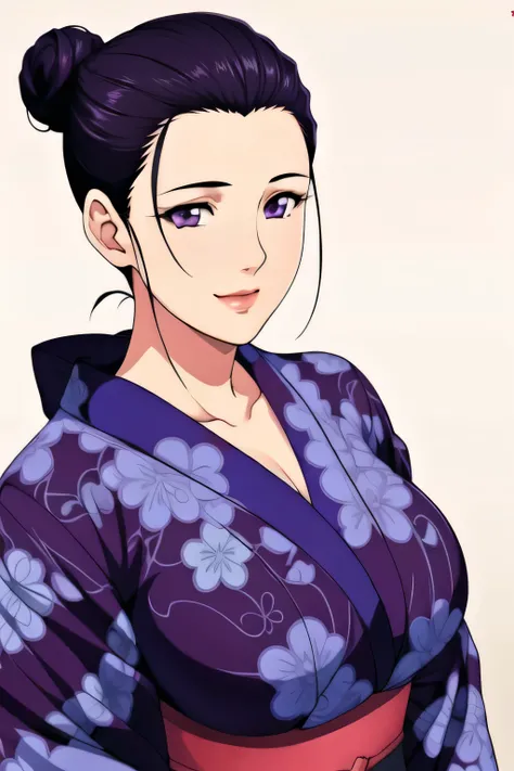 Simple Background,White Background,
purple kimono,floral print,japanese clothes,wide sleeves,long sleeves,
cleavage,
purple eyes, black hair,bangs,hair bun,
1 girl,Young female,Beautiful long legs,Beautiful body,
Beautiful Nose,Beautiful character design,...
