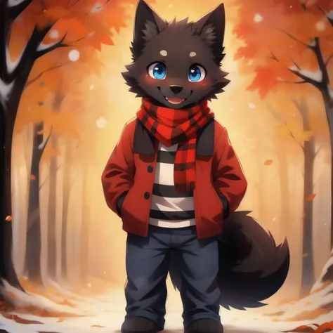 black wolf, boy, Cuteness, blush, happy face, Blue eyes, red jacket, jeans, scarf, Standing, Barefoot,