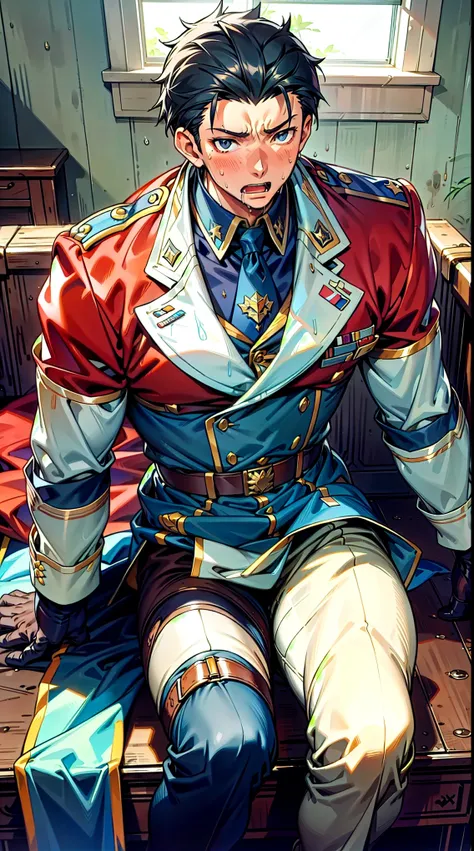 Hector Fay, Ultra high quality cg, solitary, Looking at the audience, Open your mouth, Sweating, Wet, Drooling, Gloves, 1 man, whole body, Sitting astride，Male focus, tie，shirt， military uniform，A holster on his thigh
