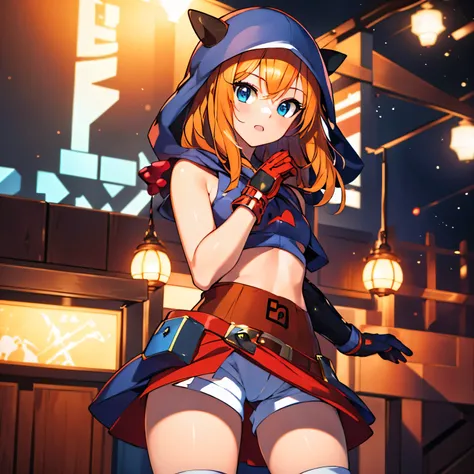 (insanely detailed, beautiful detailed face, masterpiece, best quality), ((masterpiece)),((best quality)),(highres), bokeh, looking at viewer, solo, 1girl, cowboy shot, pkmntmg, fake horns, hoodie, red shorts, gloves, red boots, small breasts, blonde hair,...