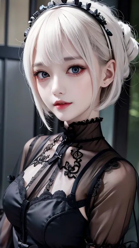 Please draw a super beautiful girl with short white bob hair wearing a gothic lolita outfit.。She exudes an elegant and dark vibe.、She exudes a unique beauty in Gothic Lolita fashion.。Her white hair is tied up in a neat short bob.、It highlights her individu...