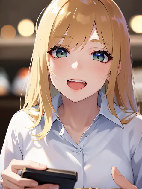 (looking at viewer:1.5),upper body,pointing,
(pale skin: 1.2),  shiny skin, shiny hair、
(A 2 woman with medium-length hair and bangs) and (wavy hair) and (Blonde Hair) and (green eyes) , 
(white collared shirt) ,
open mouth,The background is a bento shop、(...