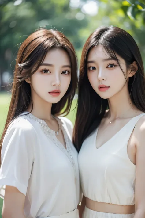 (Highest quality, HD masterpiece：1.3), concentrate：1.2, ((Created two female characters with the same face and style as K-pop&#39;s Wonyoung：1.3)), ((((Both of them took full-body photos：1.8))))), Super thin waist：1.2, Hips：1.2, ((Fashion short straight ha...